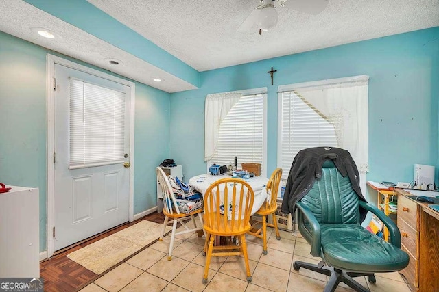 503 Marsh Cir, Saint Simons, GA 31522 - dining space with a textured ceiling, a ceiling fan, recessed lighting, baseboards, and an office area