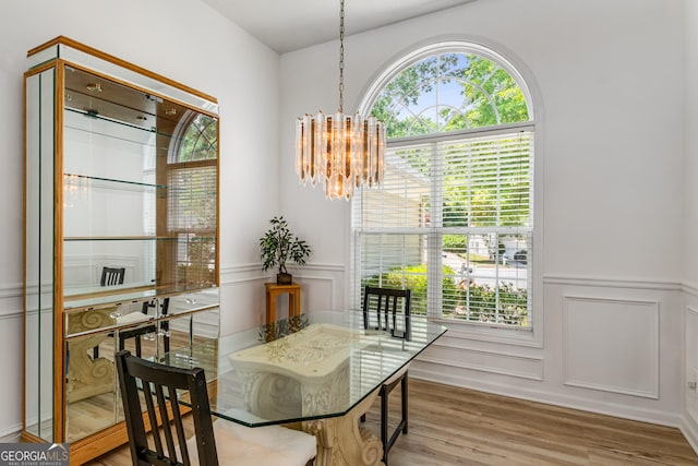 14 Winter Ln, Newnan, GA 30265 - dining space featuring a chandelier, a decorative wall, healthy amount of natural light, wood finished floors, and wainscoting