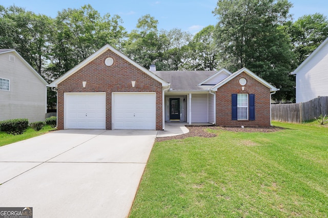 view of front of home featuring brick siding, an attached garage, concrete driveway, and a chimney