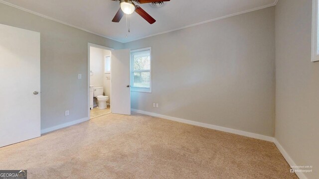 2280 Raleigh Dr, Augusta, GA 30904 - unfurnished bedroom with carpet, crown molding, ensuite bath, baseboards, and a ceiling fan