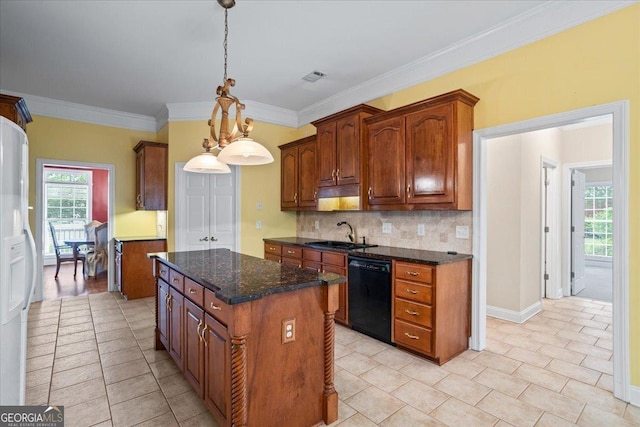 1253 Oakwood Pl, Loganville, GA 30052 - kitchen featuring dishwasher, a sink, a kitchen island, decorative backsplash, and crown molding