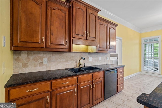 1253 Oakwood Pl, Loganville, GA 30052 - kitchen with a sink, black dishwasher, backsplash, light tile patterned floors, and crown molding