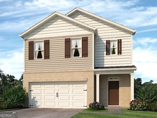 view of front of house featuring brick siding, an attached garage, and driveway