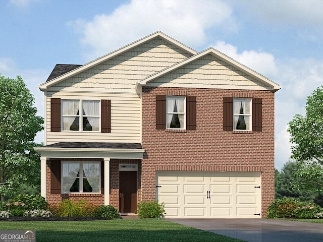 view of front of property featuring an attached garage, driveway, brick siding, and a front lawn