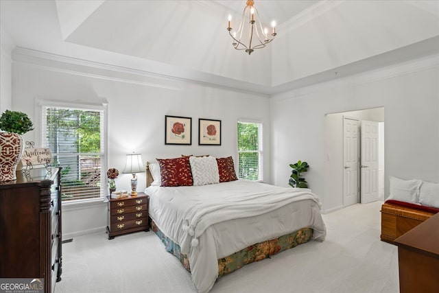1444 Merrifield Ln, Marietta, GA 30062 - bedroom with light colored carpet, multiple windows, a chandelier, a high ceiling, and ornamental molding