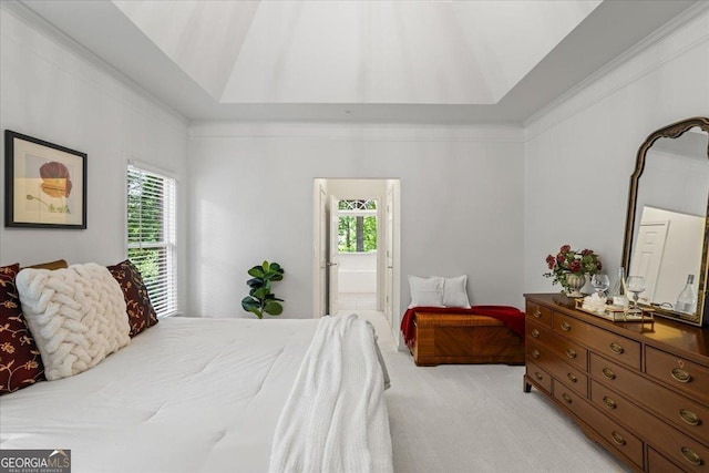 1444 Merrifield Ln, Marietta, GA 30062 - bedroom featuring light colored carpet, multiple windows, lofted ceiling, and connected bathroom