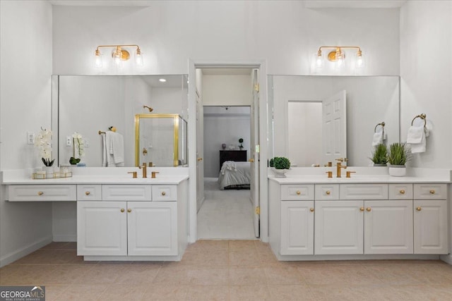 1444 Merrifield Ln, Marietta, GA 30062 - ensuite bathroom with a shower stall, tile patterned floors, two vanities, and baseboards