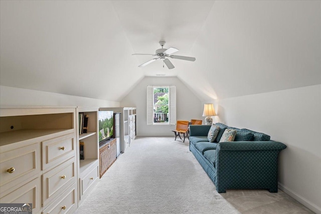 1444 Merrifield Ln, Marietta, GA 30062 - living room featuring light colored carpet, vaulted ceiling, and a ceiling fan