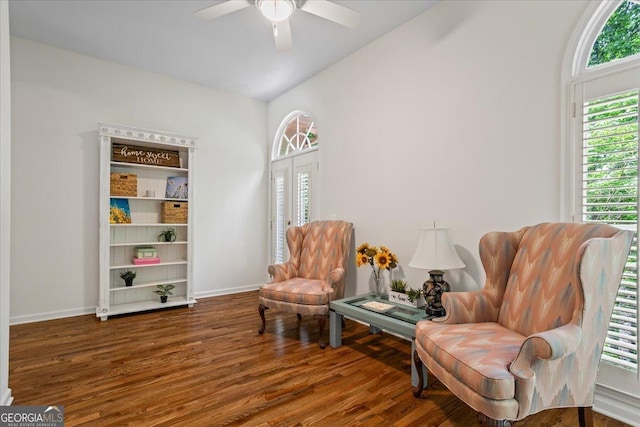 1444 Merrifield Ln, Marietta, GA 30062 - living area with wood finished floors, baseboards, a ceiling fan, and vaulted ceiling