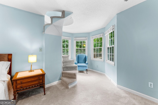 living area with carpet floors, baseboards, and a textured ceiling