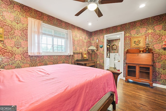 3839 Brookcrest Cir, Decatur, GA 30032 - bedroom featuring wood finished floors, ensuite bath, wallpapered walls, recessed lighting, and ceiling fan