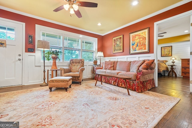 3839 Brookcrest Cir, Decatur, GA 30032 - living area with a ceiling fan, plenty of natural light, wood-type flooring, crown molding, and a decorative wall