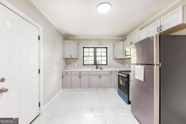 kitchen with stainless steel appliances, light marble finish flooring, crown molding, light countertops, and gray cabinets