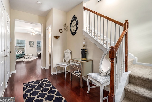 2555 Flat Shoals Rd Unit 1405, College Park, GA 30349 - foyer entrance featuring hardwood / wood-style flooring, stairs, a ceiling fan, and baseboards