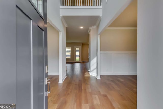 3354 Traditions Way, Jefferson, GA 30549 - entryway with wood finished floors, ornamental molding, a wainscoted wall, baseboards, and recessed lighting