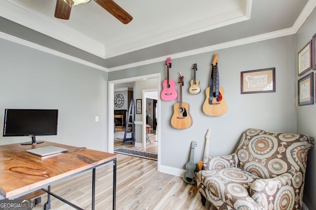 5220 Wild Cedar Dr, Buford, GA 30518 - office featuring a raised ceiling, light wood finished floors, ceiling fan, ornamental molding, and baseboards