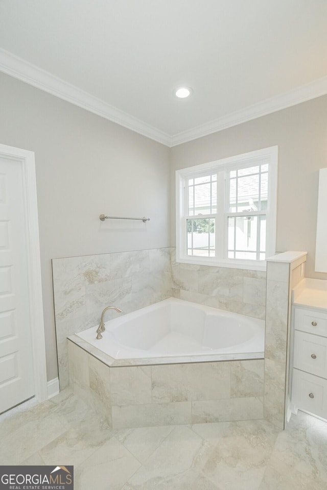 137 Amanda Trce, Kingsland, GA 31548 - full bath with crown molding, marble finish flooring, a bath, vanity, and recessed lighting