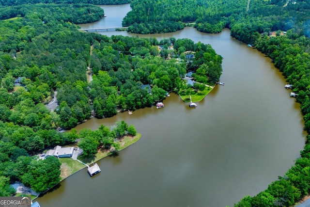 bird's eye view of a nearby body of water and a heavily wooded area
