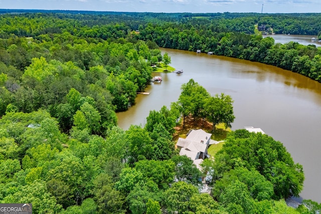 drone / aerial view of a heavily wooded area and a nearby body of water