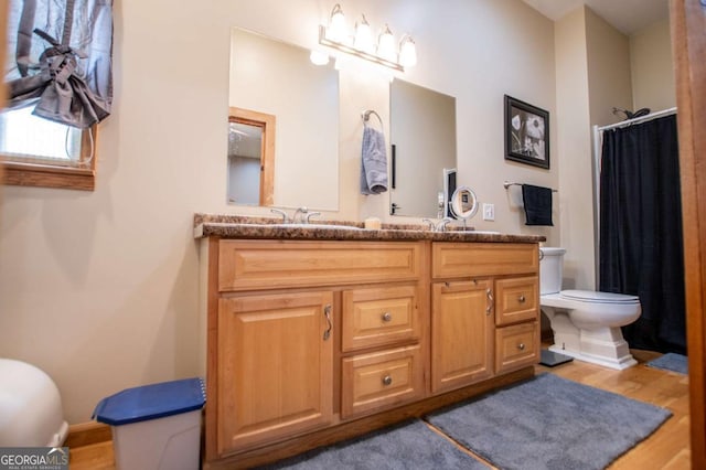 full bathroom featuring toilet, wood finished floors, double vanity, and a shower with shower curtain