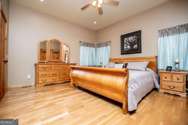 bedroom featuring light wood-type flooring, recessed lighting, and a ceiling fan