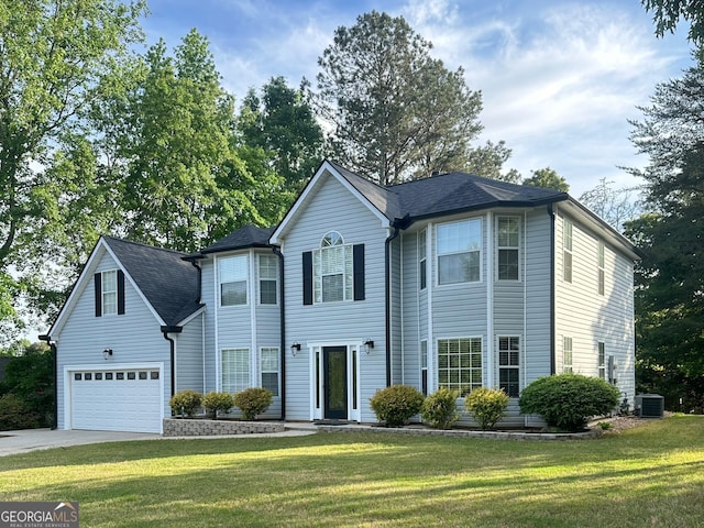 6940 Treeline Dr, Cumming, GA 30028 - view of front of property with a garage, concrete driveway, a front yard, and cooling unit