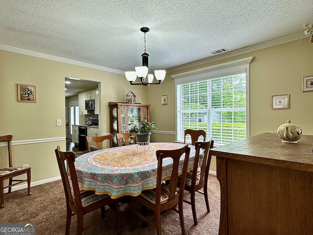 6940 Treeline Dr, Cumming, GA 30028 - dining room with crown molding, a chandelier, carpet floors, a textured ceiling, and baseboards
