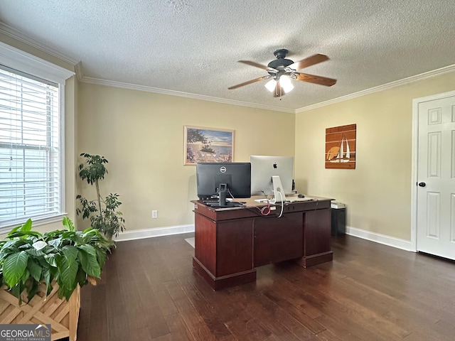 6940 Treeline Dr, Cumming, GA 30028 - office with a ceiling fan, dark wood finished floors, a textured ceiling, baseboards, and crown molding