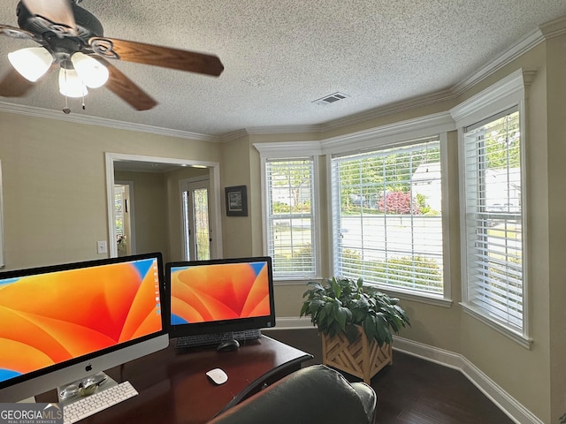 6940 Treeline Dr, Cumming, GA 30028 - office with a textured ceiling, crown molding, ceiling fan, baseboards, and wood finished floors