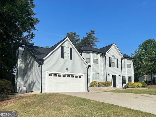 6940 Treeline Dr, Cumming, GA 30028 - traditional-style home featuring concrete driveway, a front lawn, a chimney, and a garage