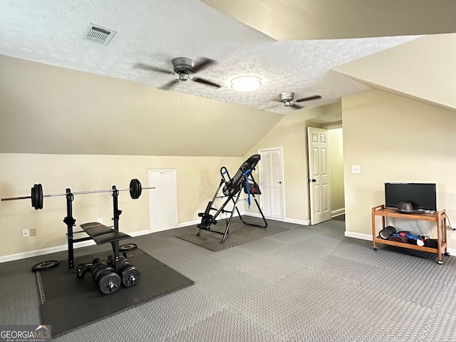 6940 Treeline Dr, Cumming, GA 30028 - workout room featuring ceiling fan, baseboards, a textured ceiling, lofted ceiling, and carpet flooring