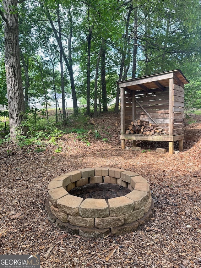 6940 Treeline Dr, Cumming, GA 30028 - view of yard with an outdoor fire pit and an outbuilding