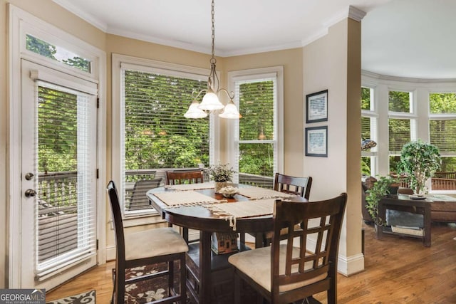 dining area featuring healthy amount of natural light, light wood-style floors, and ornamental molding