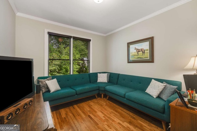 living room featuring ornamental molding and wood finished floors
