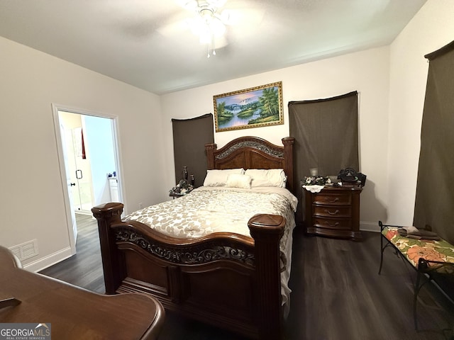 214 Evans St, Athens, GA 30606 - bedroom featuring dark wood finished floors, baseboards, a ceiling fan, and ensuite bath