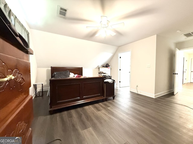 214 Evans St, Athens, GA 30606 - bedroom with dark wood finished floors, baseboards, a ceiling fan, and lofted ceiling