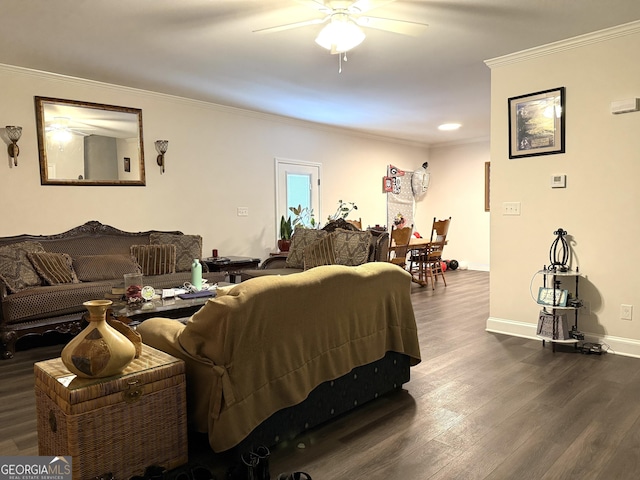 214 Evans St, Athens, GA 30606 - living area with a ceiling fan, dark wood-style flooring, crown molding, and baseboards