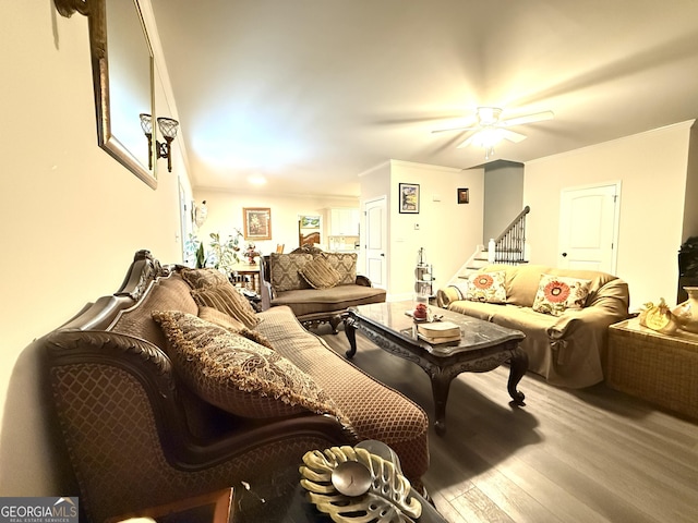 214 Evans St, Athens, GA 30606 - living area featuring wood finished floors, stairway, ornamental molding, and a ceiling fan