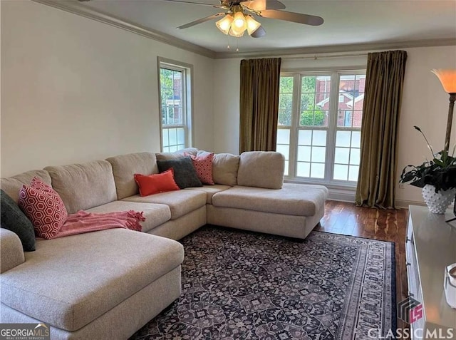 238 Covington Pl, Athens, GA 30606 - living room featuring wood-type flooring, ornamental molding, and ceiling fan
