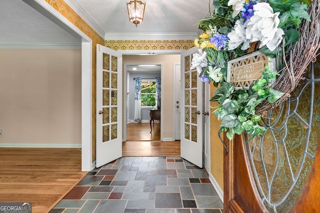 5401 Rosser Rd, Tucker, GA 30087 - foyer entrance featuring french doors, dark stone finish floors, and ornamental molding