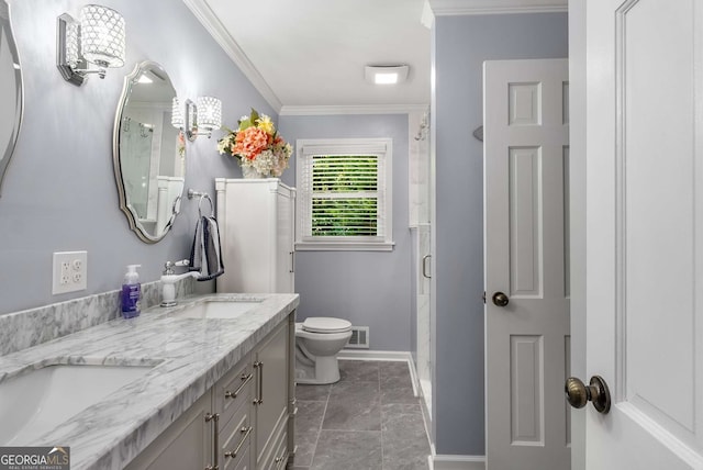 5401 Rosser Rd, Tucker, GA 30087 - bathroom with double vanity, an enclosed shower, crown molding, and marble finish flooring