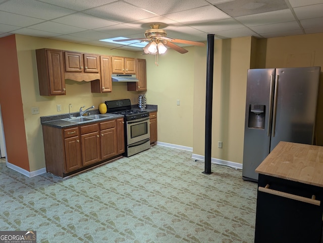5700 Miles Rd, South Fulton, GA 30349 - kitchen featuring stainless steel appliances, under cabinet range hood, a sink, a drop ceiling, and ceiling fan
