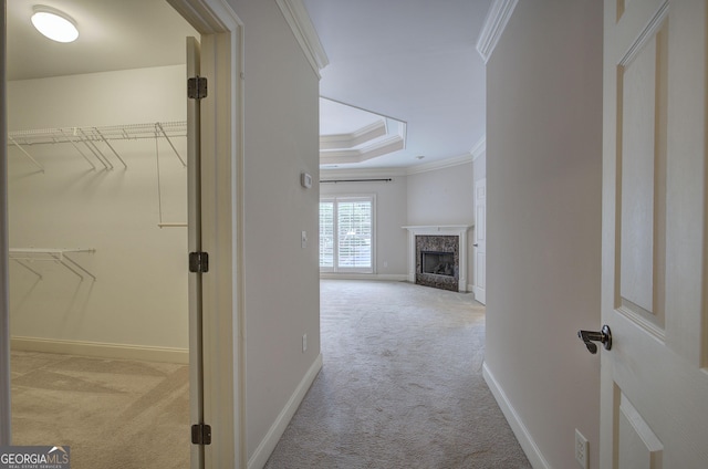5492 Glenridge Dr Unit 536, Atlanta, GA 30342 - corridor with carpet, crown molding, baseboards, and a raised ceiling