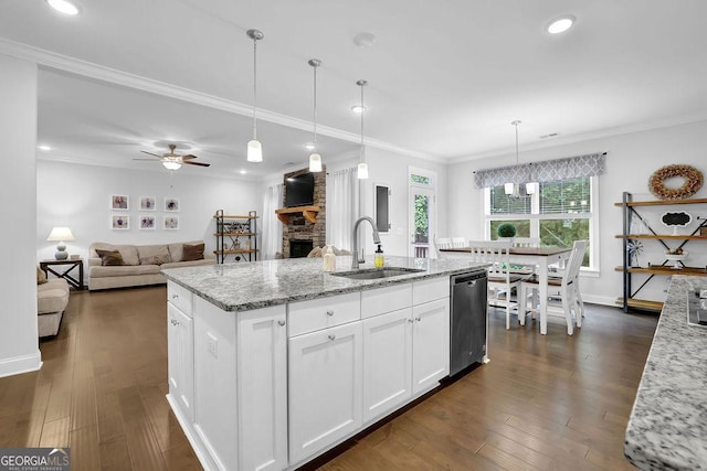 8745 Hightower Rdg, Ball Ground, GA 30107 - kitchen featuring dishwasher, a sink, a fireplace, a ceiling fan, and white cabinets