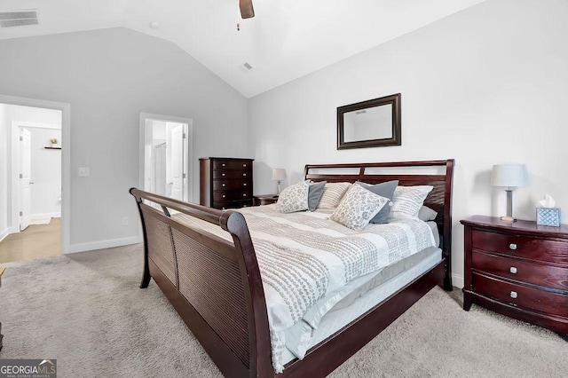 8745 Hightower Rdg, Ball Ground, GA 30107 - carpeted bedroom with lofted ceiling, baseboards, and ceiling fan