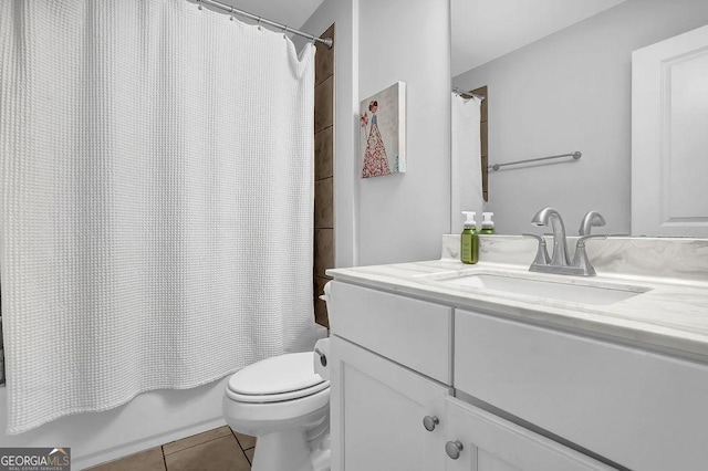 8745 Hightower Rdg, Ball Ground, GA 30107 - bathroom featuring vanity, tile patterned flooring, toilet, and shower / bathtub combination with curtain
