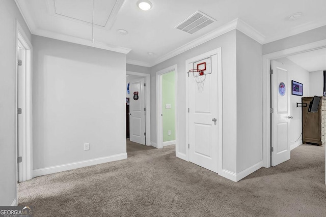 8745 Hightower Rdg, Ball Ground, GA 30107 - empty room featuring attic access, carpet flooring, baseboards, and crown molding