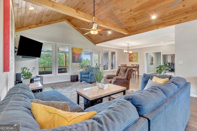 346 Rest Haven Rd, Thomaston, GA 30286 - living room featuring wooden ceiling, wood finished floors, baseboards, a chandelier, and a ceiling fan