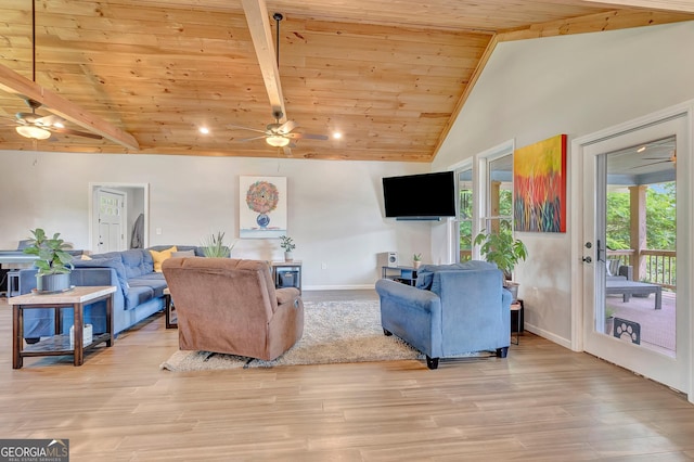 346 Rest Haven Rd, Thomaston, GA 30286 - living room featuring wooden ceiling with exposed beams, a ceiling fan, baseboards, light wood-style flooring, and high vaulted ceiling