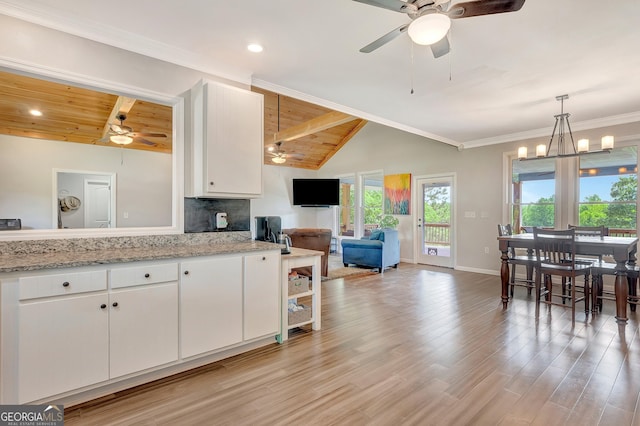 346 Rest Haven Rd, Thomaston, GA 30286 - kitchen with a ceiling fan, white cabinets, light wood-style flooring, wood ceiling, and recessed lighting